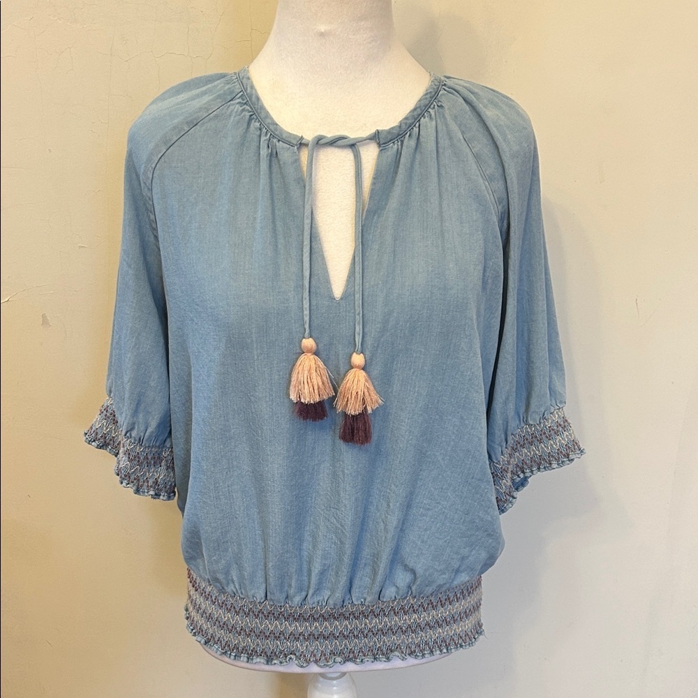 Matilda Jane Blue Women's chambray Top with Tassel Details Size M EUC